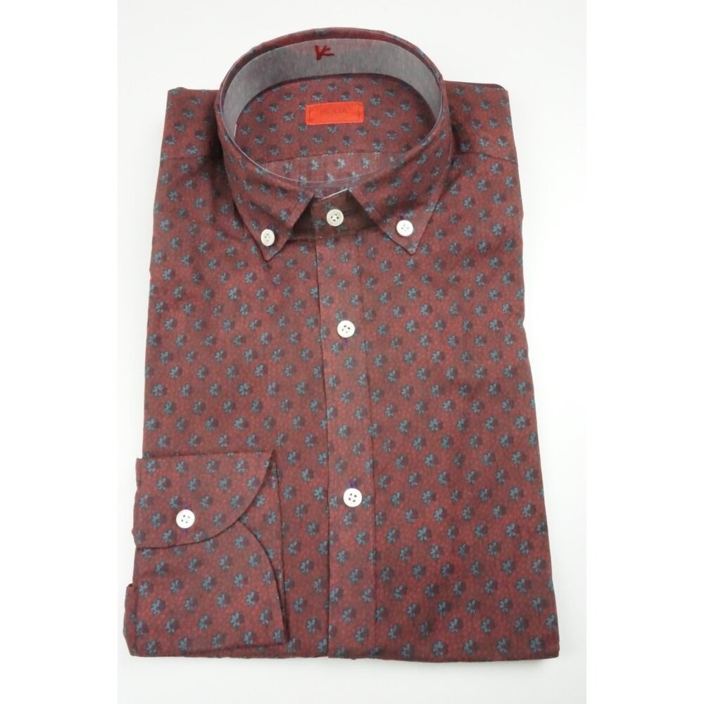Isaia Red Blue Dainty All Over Floral  Long Sleeve Cotton Shirt 15.5/39 NEW